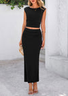 PRETTYGARDEN 2 Piece Sets Going Out Casual Cap Sleeve Crop Tops Ruched Maxi Long Skirts Outfits