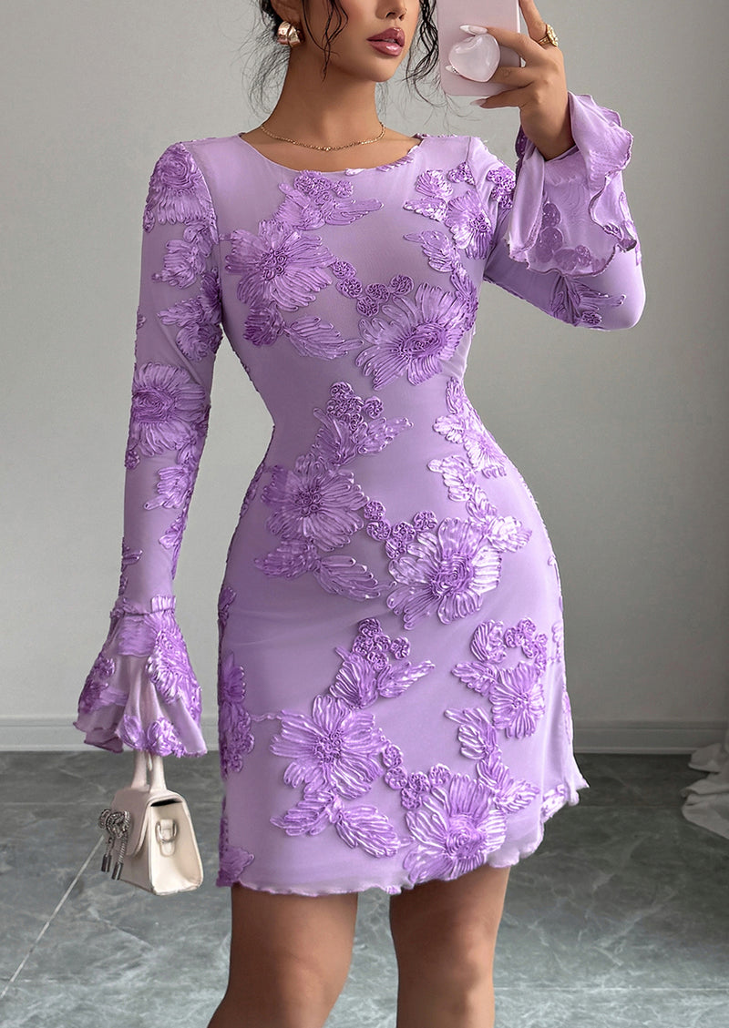 PRETTYGARDEN Women's Floral Embroidered Dress Fall Long Bell Sleeve Ribbon Flower Mini Short Mesh Bodycon Party Dresses