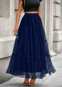 PRETTYGARDEN Maxi Skirts for Women Fall Tulle High Waisted Ruffle Flowy A-Line Long Skirt Country Concert Outfits