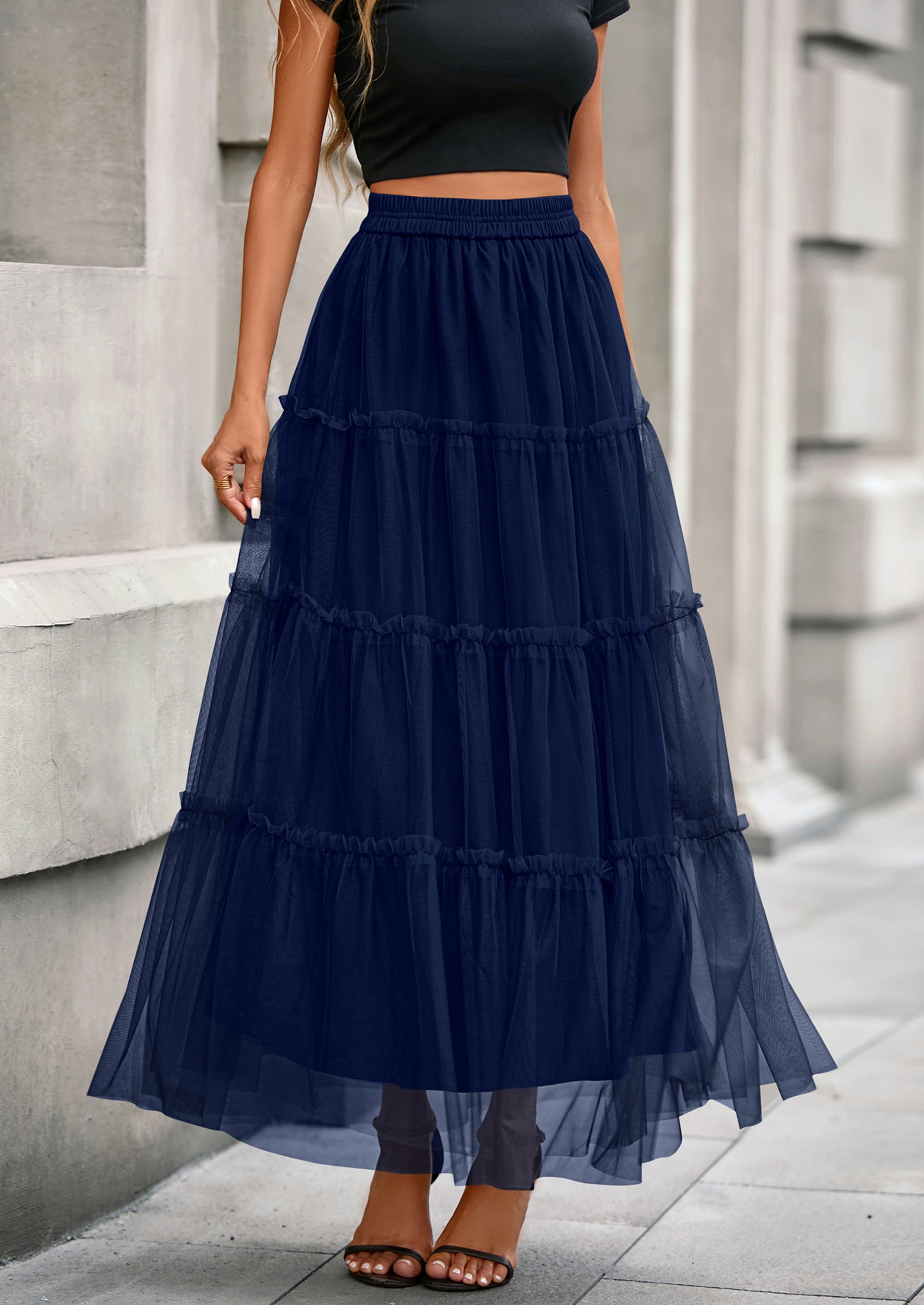 PRETTYGARDEN Maxi Skirts for Women Fall Tulle High Waisted Ruffle Flowy A-Line Long Skirt Country Concert Outfits
