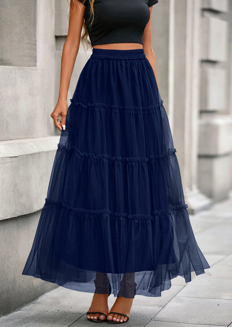PRETTYGARDEN Maxi Skirts for Women Fall Tulle High Waisted Ruffle Flowy A-Line Long Skirt Country Concert Outfits