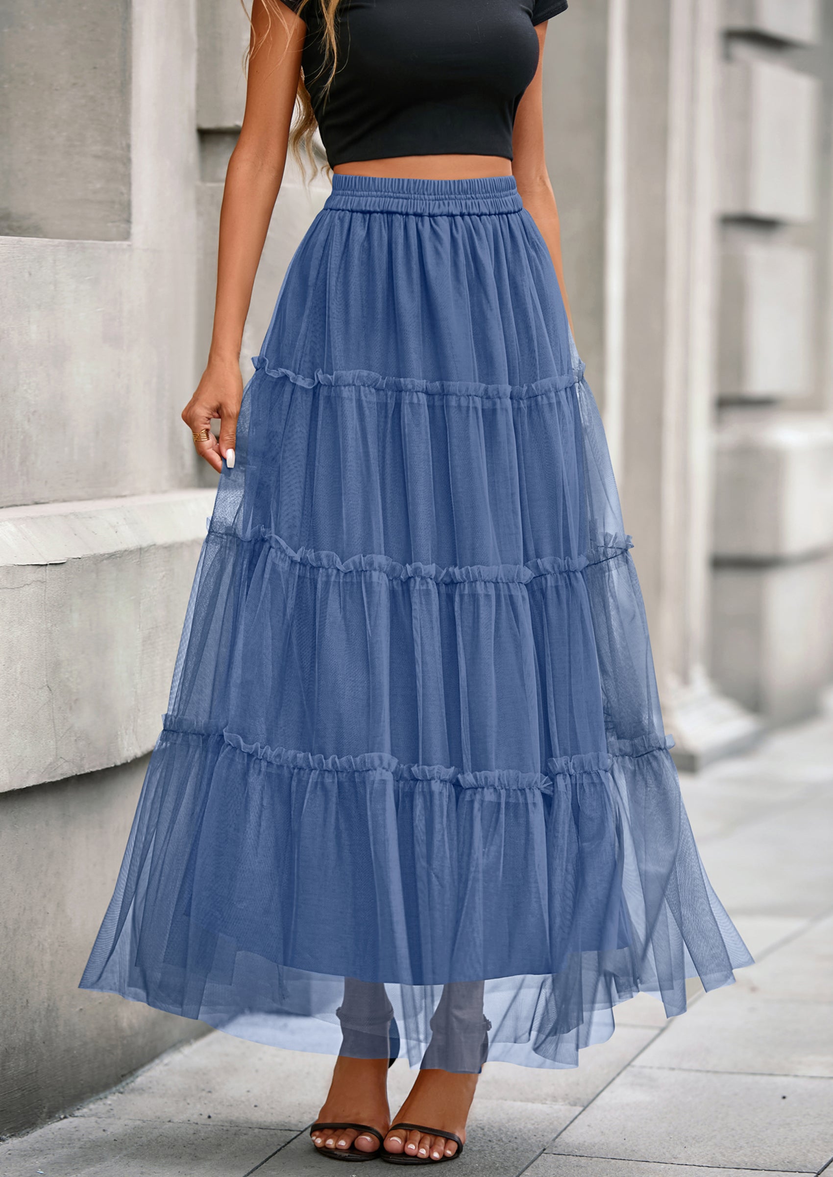 PRETTYGARDEN Maxi Skirts for Women Fall Tulle High Waisted Ruffle Flowy A-Line Long Skirt Country Concert Outfits