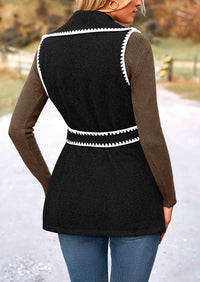 Tweed Sleeveless Lapel Button Front Belt Color Block Vest Jackets