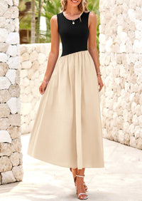 Casual Sleeveless Striped Ribbed Knit Long Dresses Beach Vacation Sundress