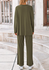 Long Sleeve High Low Tops T-Shirts Wide Leg Pants Two Piece Sets