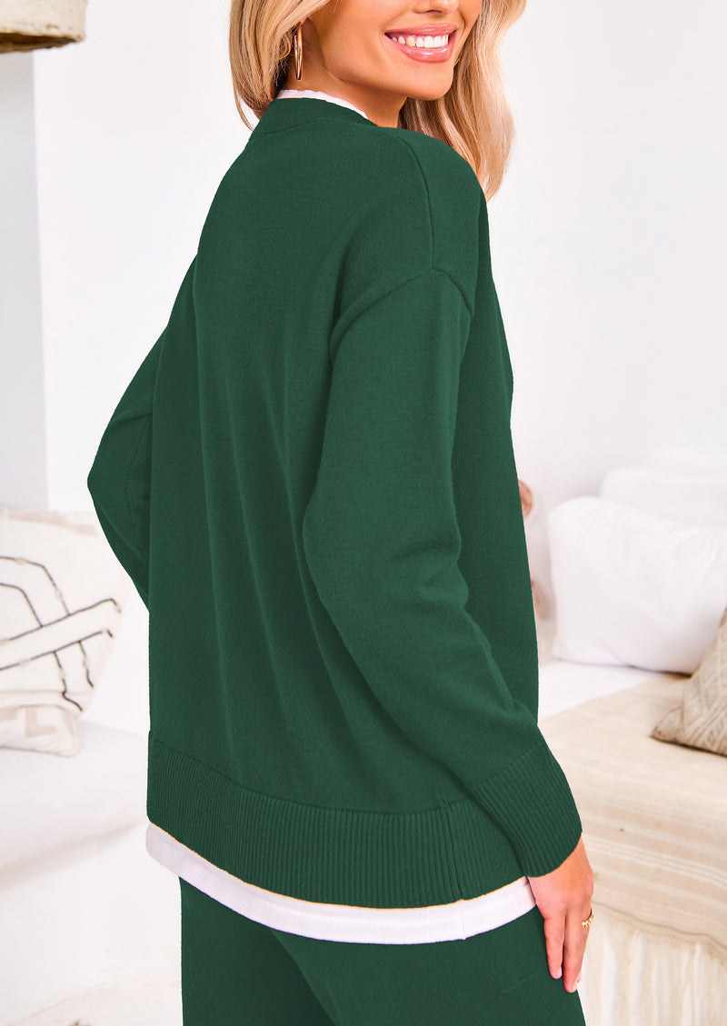 PRETTYGARDEN Two Piece Matching Sweater Lounge Sets Knit Long Sleeve Pullover Tops Wide Leg Pants
