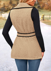 Tweed Sleeveless Lapel Button Front Belt Color Block Vest Jackets