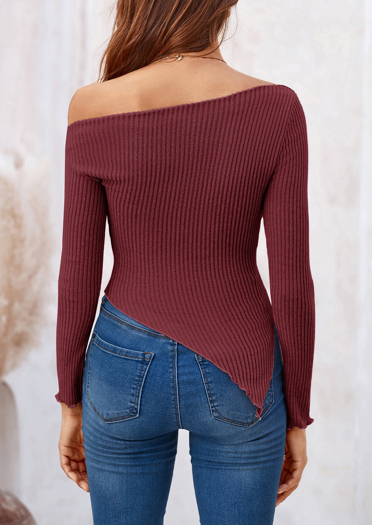 Long Sleeve Y2K Crop Top Off Shoulder Asymmetrical Fitted Knit Blouses