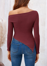Long Sleeve Y2K Crop Top Off Shoulder Asymmetrical Fitted Knit Blouses