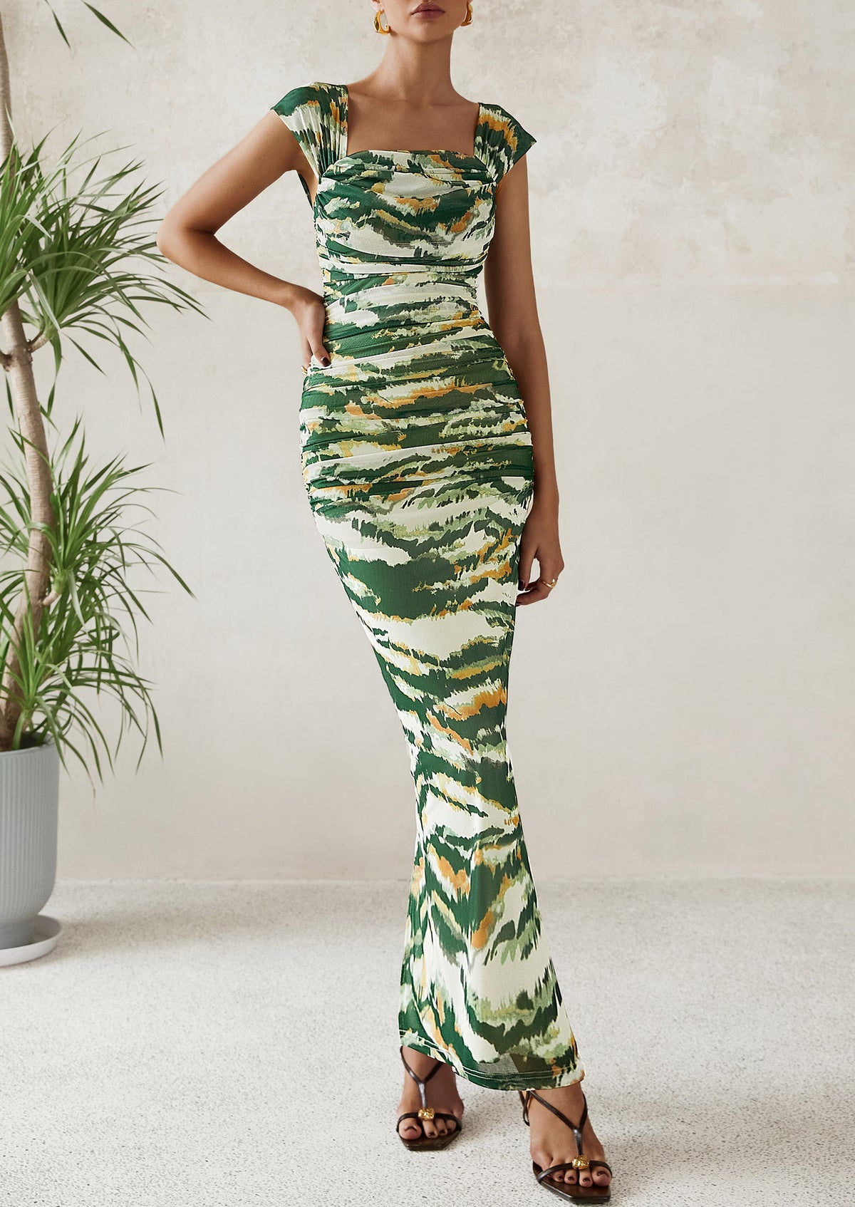 Ruched Bodycon Off Shoulder Floral Mesh Cocktail Party Fitted Maxi Dress