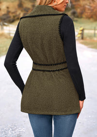 Tweed Sleeveless Lapel Button Front Belt Color Block Vest Jackets