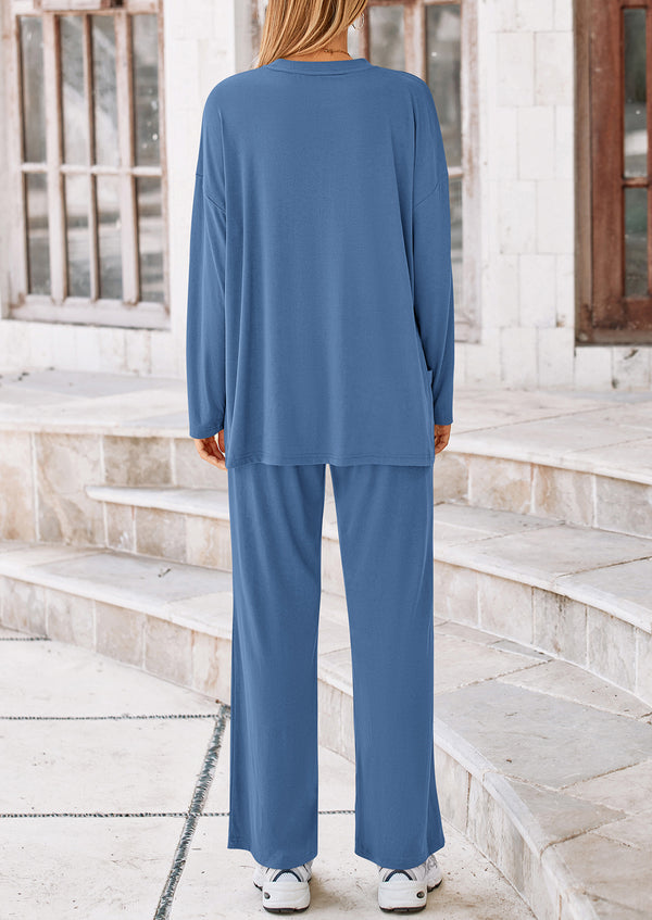 Long Sleeve High Low Tops T-Shirts Wide Leg Pants Two Piece Sets