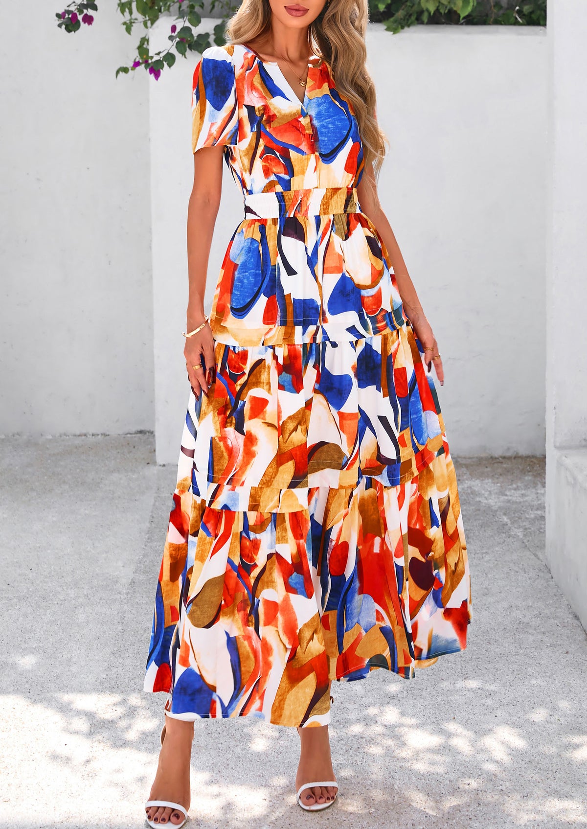 Boho Floral Short Sleeve V Neck A Line Tiered Ruffle Flowy Long Beach Vacation Maxi Dresses