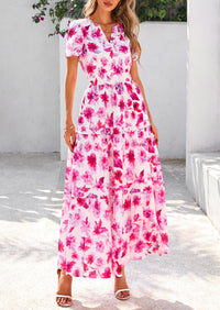 Boho Floral Short Sleeve V Neck A Line Tiered Ruffle Flowy Long Beach Vacation Maxi Dresses