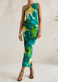 One Shoulder Bodycon Printed Ruched Mesh Party Cocktail Fitted Long Dress
