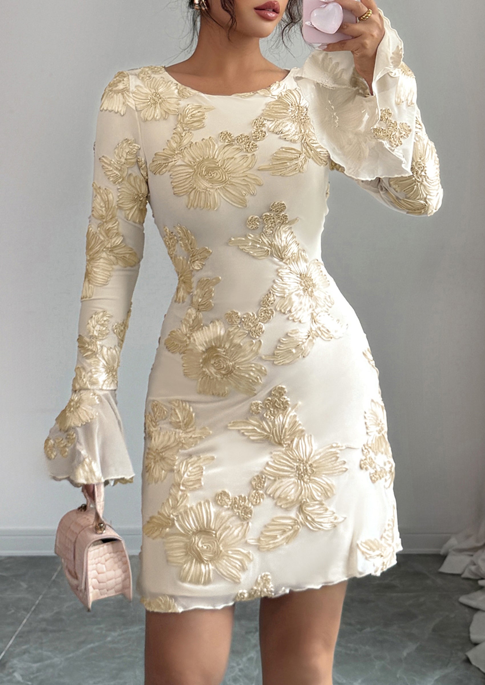 PRETTYGARDEN Women's Floral Embroidered Dress Fall Long Bell Sleeve Ribbon Flower Mini Short Mesh Bodycon Party Dresses