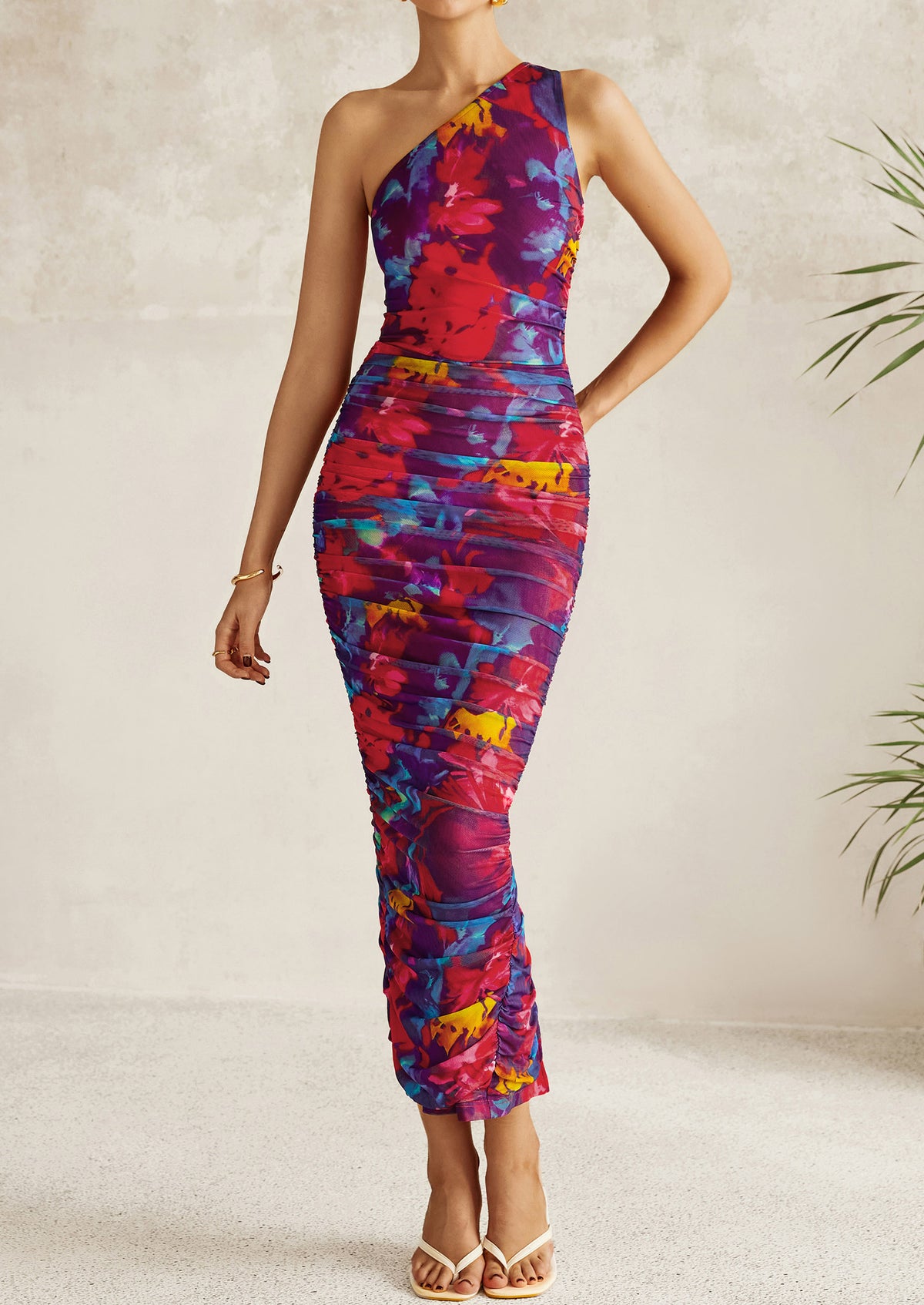 One Shoulder Bodycon Printed Ruched Mesh Party Cocktail Fitted Long Dress