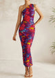 One Shoulder Bodycon Printed Ruched Mesh Party Cocktail Fitted Long Dress