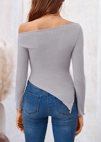 Long Sleeve Y2K Crop Top Off Shoulder Asymmetrical Fitted Knit Blouses
