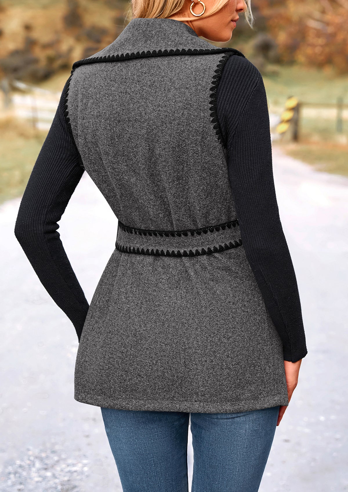 Tweed Sleeveless Lapel Button Front Belt Color Block Vest Jackets