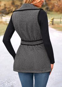 Tweed Sleeveless Lapel Button Front Belt Color Block Vest Jackets