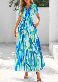 Boho Floral Short Sleeve V Neck A Line Tiered Ruffle Flowy Long Beach Vacation Maxi Dresses