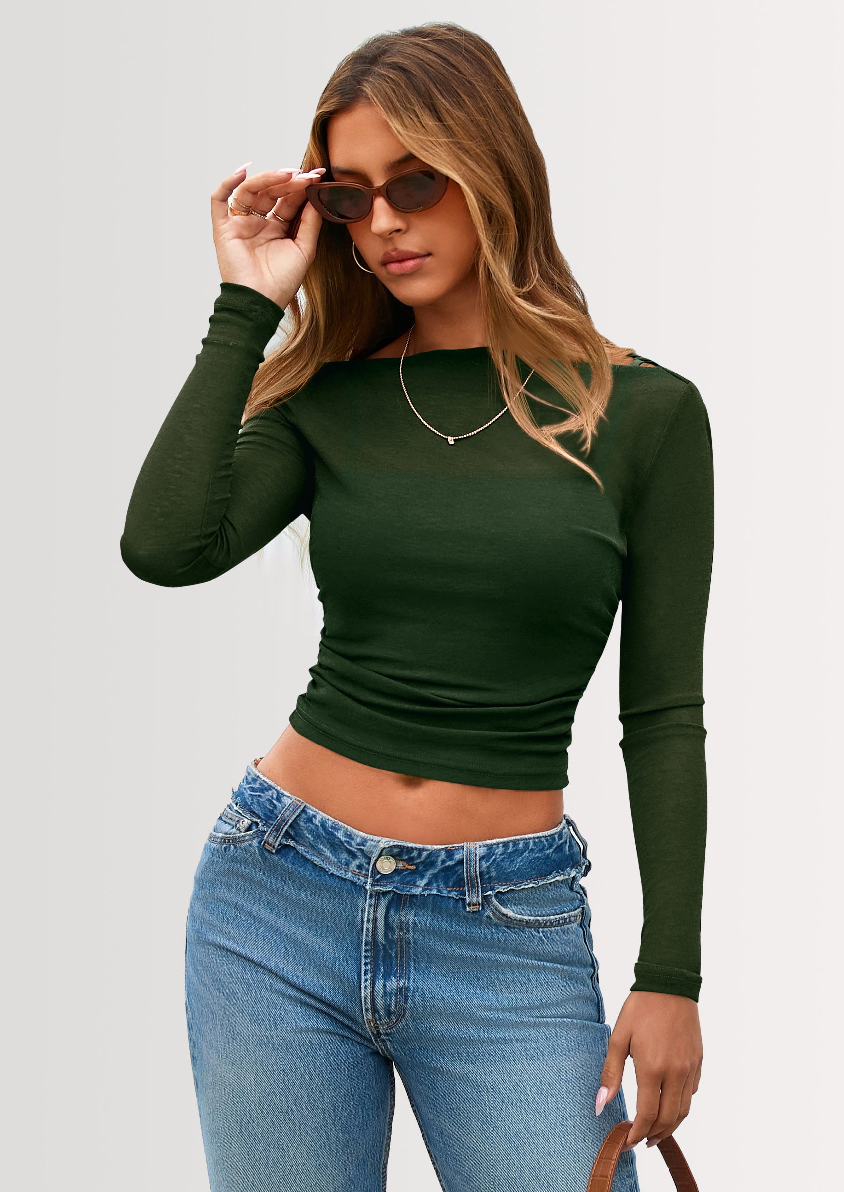 PRETTYGARDEN Women's Long Sleeve Sheer Crop Tops Boat Neck See Through Cover Up with Spaghetti Strap Camisole 2 Piece Blouses