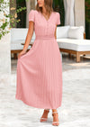 PRETTYGARDEN Women's Short Sleeve Button V Neck Casual Pleated Maxi Dresses
