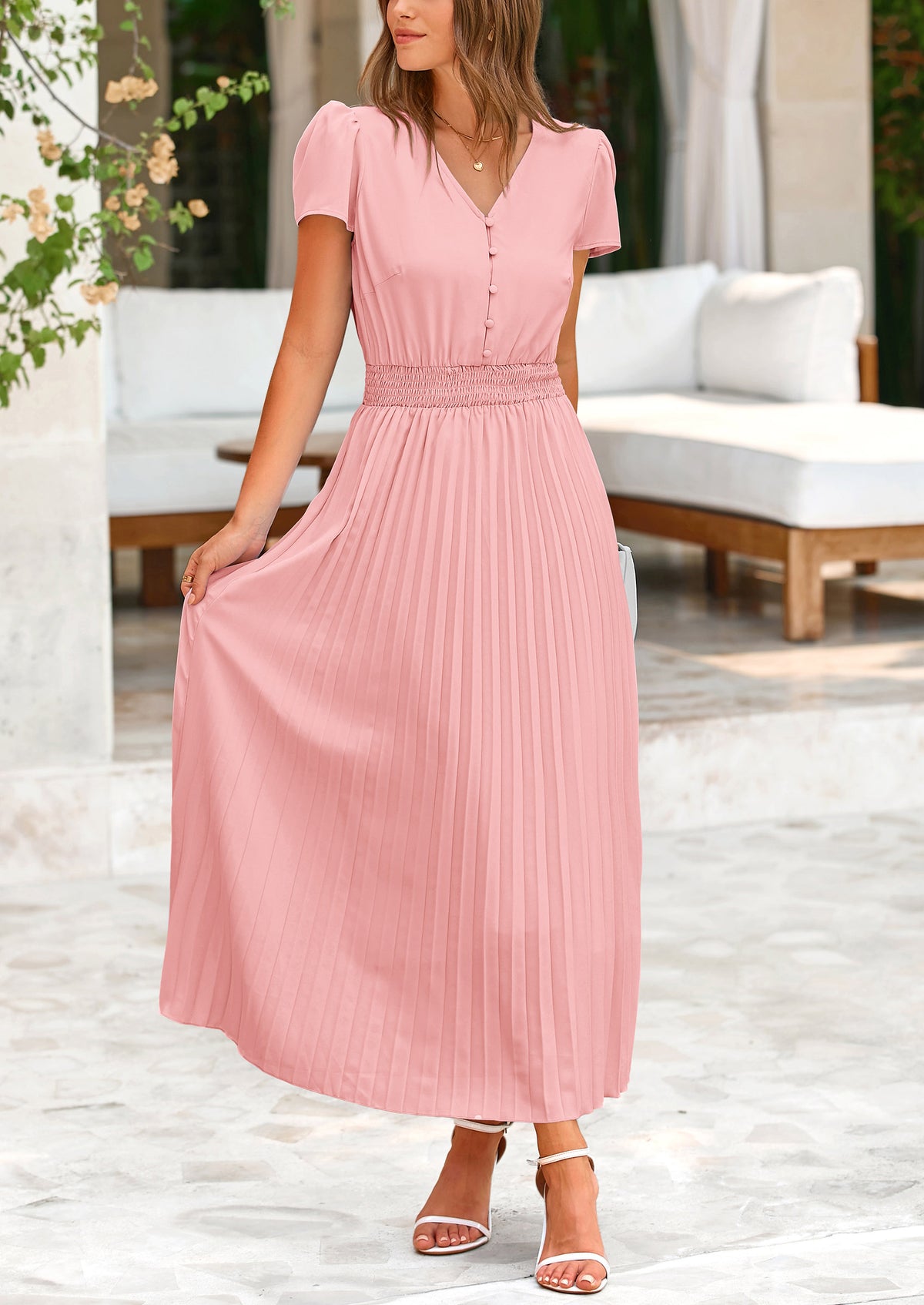 Casual Button V Neck Ruffle Cap Sleeve Long Flowy Pleated Maxi Dresses
