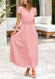 Casual Button V Neck Ruffle Cap Sleeve Long Flowy Pleated Maxi Dresses