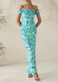 Ruched Bodycon Off Shoulder Floral Mesh Cocktail Party Fitted Maxi Dress