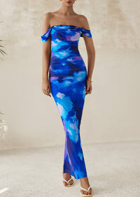 Ruched Bodycon Off Shoulder Floral Mesh Cocktail Party Fitted Maxi Dress