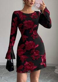 PRETTYGARDEN Women's Floral Embroidered Dress Fall Long Bell Sleeve Ribbon Flower Mini Short Mesh Bodycon Party Dresses