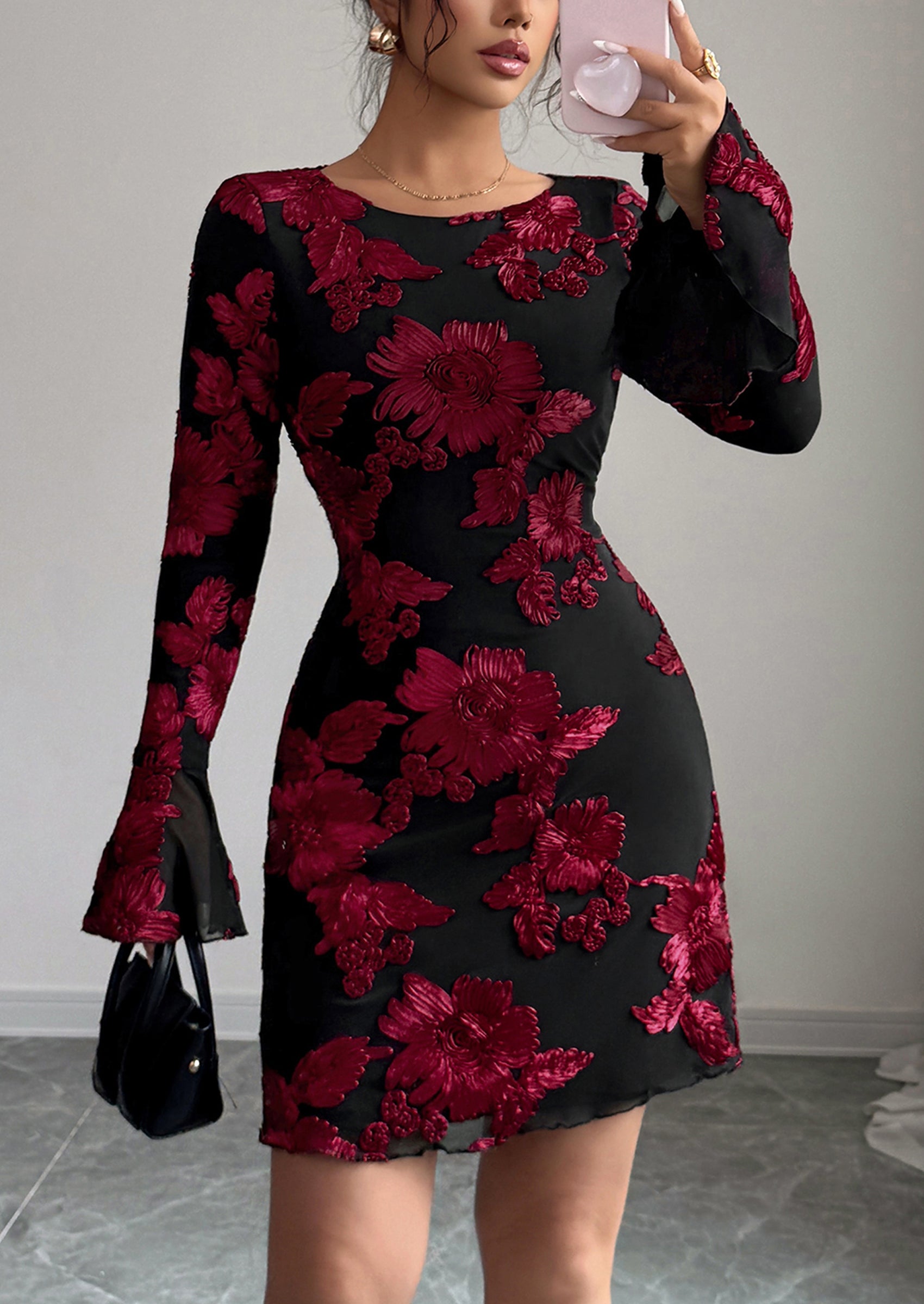 PRETTYGARDEN Women's Floral Embroidered Dress Fall Long Bell Sleeve Ribbon Flower Mini Short Mesh Bodycon Party Dresses