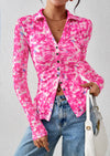 PRETTYGARDEN Women Button Down Floral Shirts Fall Trendy Long Sleeve V Neck Ruched Fitted Mesh Blouse Tops Date Outfits
