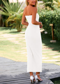 Ribbed Strapless Side Slit Long Going Out Casual Elegant Party Dresses