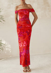 Ruched Bodycon Off Shoulder Floral Mesh Cocktail Party Fitted Maxi Dress
