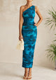 One Shoulder Bodycon Printed Ruched Mesh Party Cocktail Fitted Long Dress