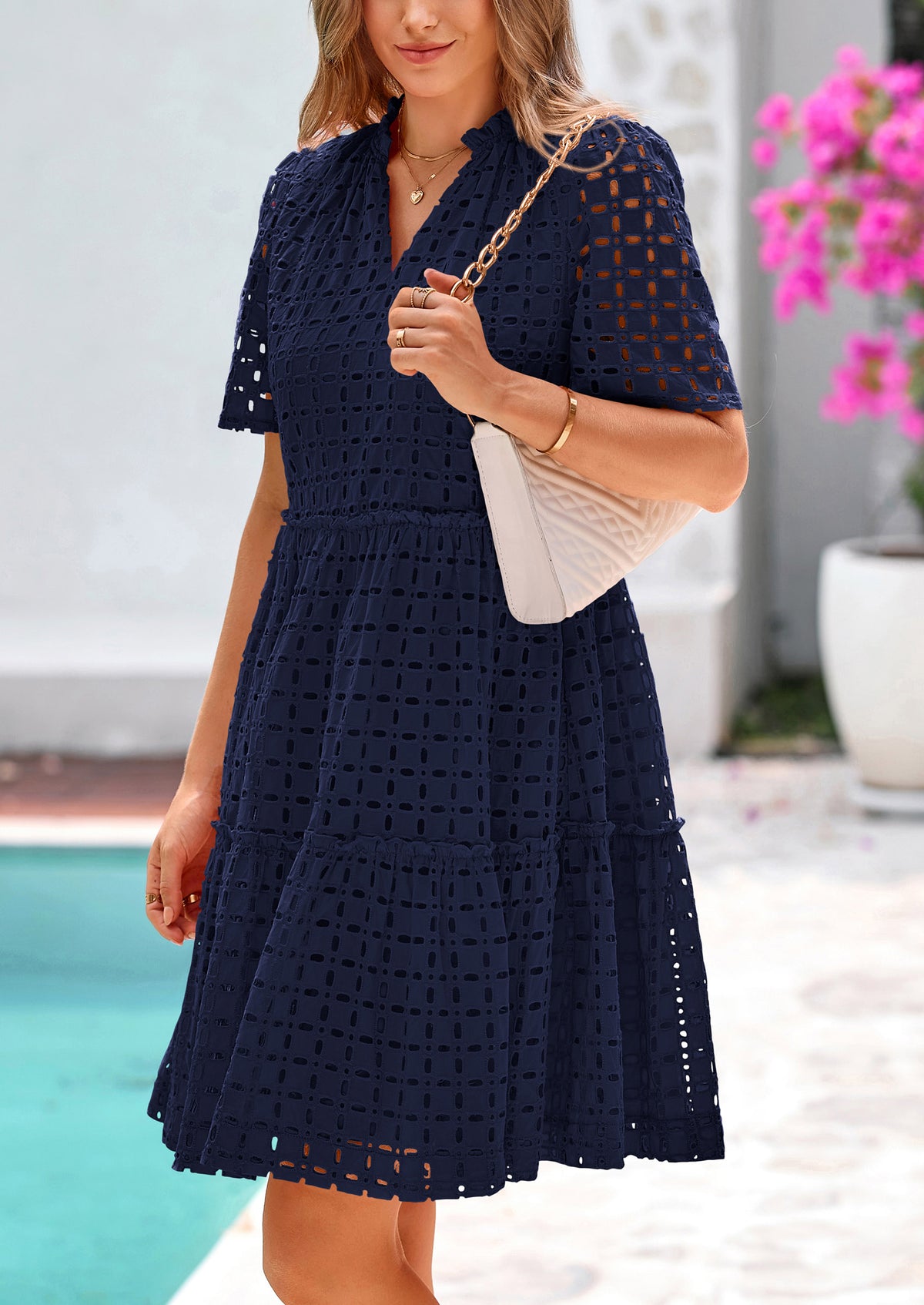 Short Sleeve V Neck Hollow Out Eyelet Ruffle A Line Swing Mini Dress