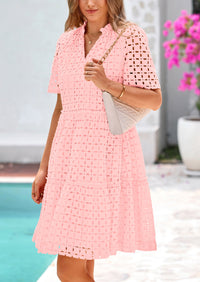 Short Sleeve V Neck Hollow Out Eyelet Ruffle A Line Swing Mini Dress
