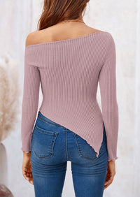 Long Sleeve Y2K Crop Top Off Shoulder Asymmetrical Fitted Knit Blouses