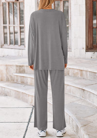Long Sleeve High Low Tops T-Shirts Wide Leg Pants Two Piece Sets