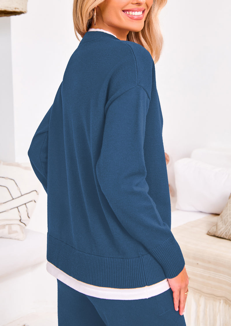 PRETTYGARDEN Two Piece Matching Sweater Lounge Sets Knit Long Sleeve Pullover Tops Wide Leg Pants
