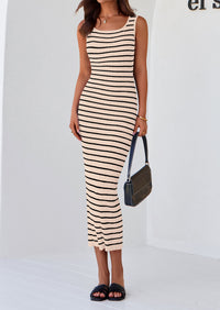 Casual Sleeveless Striped Ribbed Knit Beach Vacation Sundress Tank Midi Dress