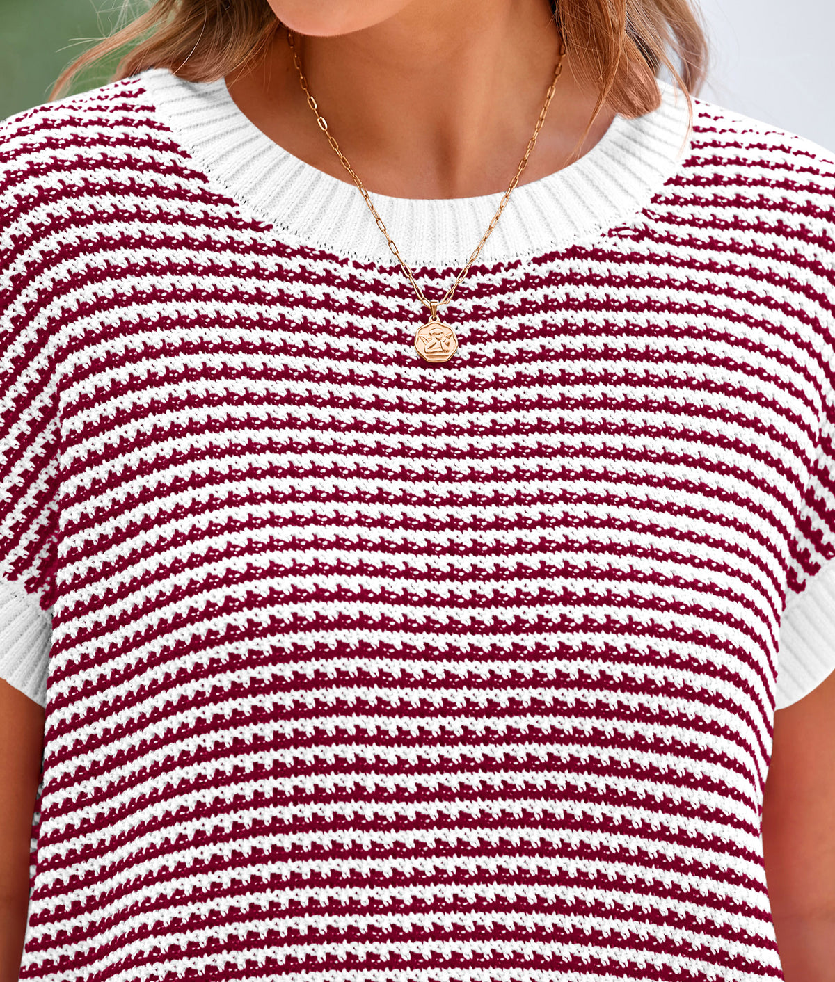 Short Sleeve Round Neck Striped Pullover Cap Sleeve Knit T-shirt