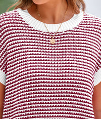 Short Sleeve Round Neck Striped Pullover Cap Sleeve Knit T-shirt