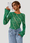 PRETTYGARDEN Womens Lace Long Bell Sleeve Tops Fall Sexy See Through Sheer Floral Blouse Shirt Fitted Going Out Outfits