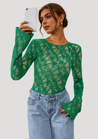 PRETTYGARDEN Womens Lace Long Bell Sleeve Tops Fall Sexy See Through Sheer Floral Blouse Shirt Fitted Going Out Outfits