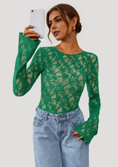 PRETTYGARDEN Womens Lace Long Bell Sleeve Tops Fall Sexy See Through Sheer Floral Blouse Shirt Fitted Going Out Outfits