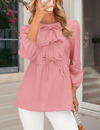 Babydoll Trendy 3/4 Length Puff Sleeve Bow Tie Front Cute Peplum Blouses